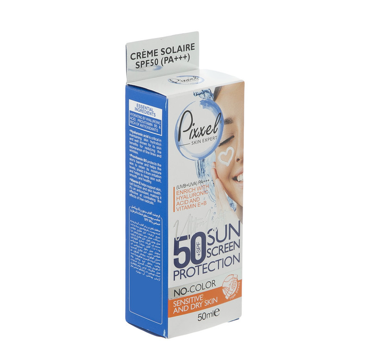 کرم ضدآفتاب بیرنگ پیکسل SPF50 مدل Sensitive، مناسب پوستهای خشک و حساس، حجم 50 میلیلیتر