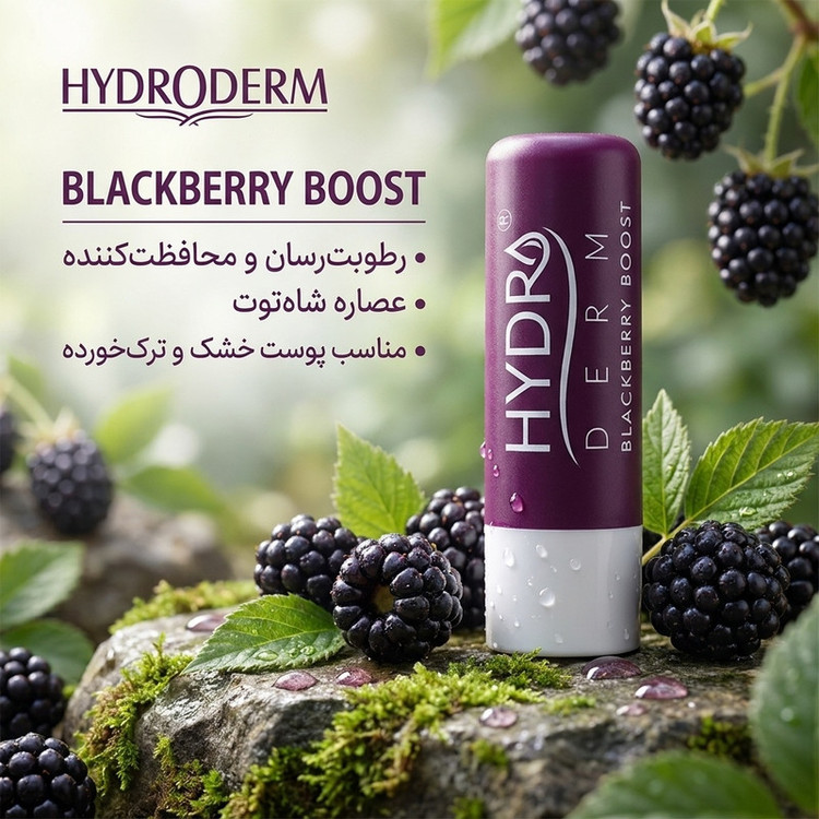 بالم مرطوبکننده لب هیدرودرم مدل BLACKBERRY BOOST با عصاره شاهتوت، مناسب پوست خشک و ترکخورده، رطوبترسان و محافظتکننده، مناسب بانوان، جامد ماتیکی