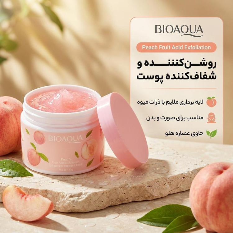 کرم اسکراب صورت و بدن بی آکوا مدل Peach مناسب برای انواع پوست وزن 140 گرم